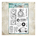 Collection of vintage clock designs on a clear stamp sheet with a textured beige background.