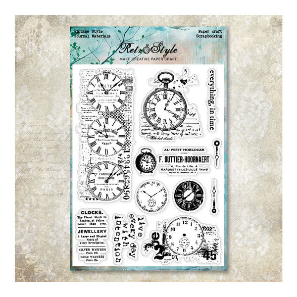 Collection of vintage clock designs on a clear stamp sheet with a textured beige background.