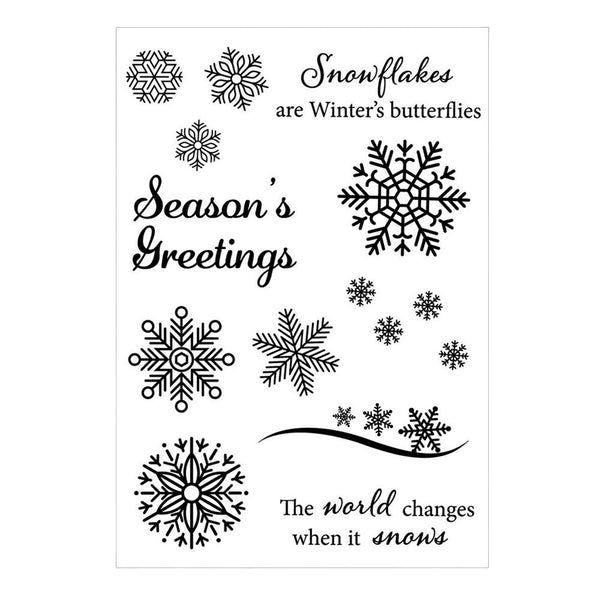 Collection of black snowflake designs and winter-themed text on a white background