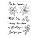 Decorative design with poinsettias, holly leaves, and holiday text on a white background