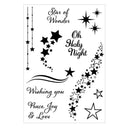 Decorative design with stars and text on a white background