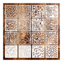 Set of 16 decorative stencils with various patterns on a wooden background