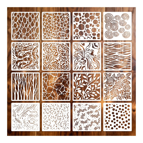 Set of 16 decorative stencils with various patterns on a wooden background