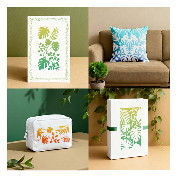 Collage of decorative items with plant-themed designs including a pillow, wall art, and pouches.