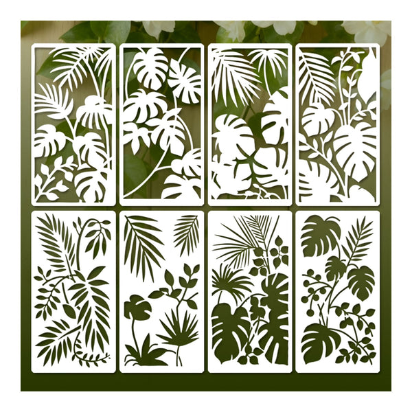 Decorative screen with tropical leaf patterns on a green background