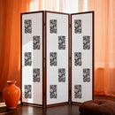 Room divider with decorative patterns in a room with orange curtains and a vase.