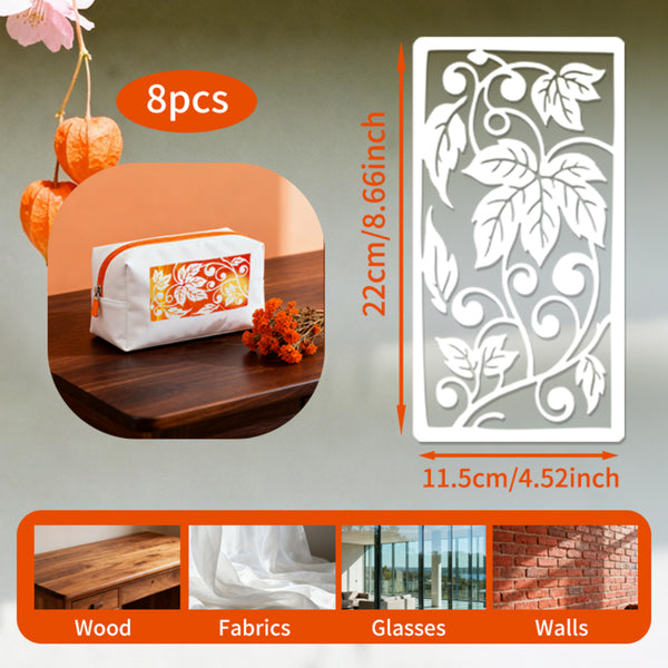Decorative screen with floral design, 8-pack, on a wooden surface with measurements and application examples.