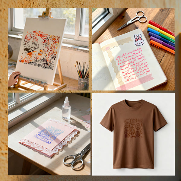 Collage of various items including a canvas with art, stationery, a bottle, and a t-shirt with a design.