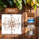 Compass stencil with dimensions and application examples on a wooden background