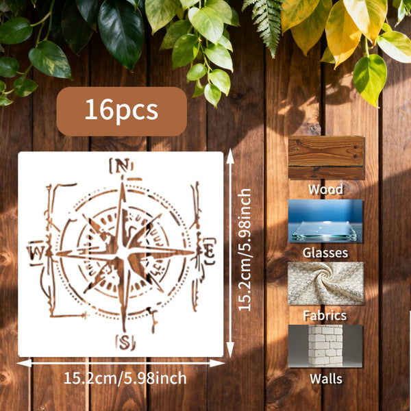 Compass stencil with dimensions and application examples on a wooden background