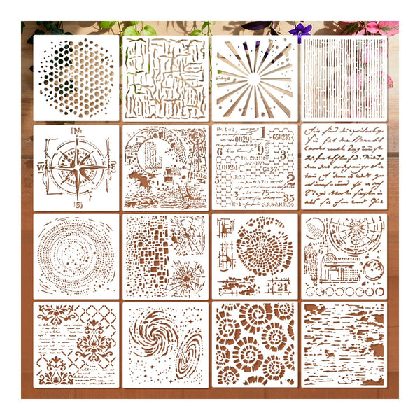 Set of 16 decorative stencils with various patterns on a wooden surface.