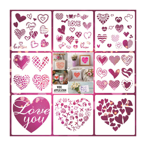 Collection of heart-shaped stencils with various designs on a white background