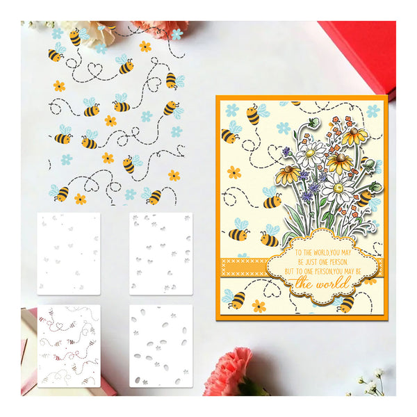 Set of greeting cards with bee and floral designs on a white background