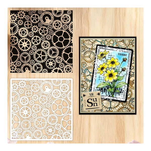 Three decorative stencils with different patterns on a wooden surface.
