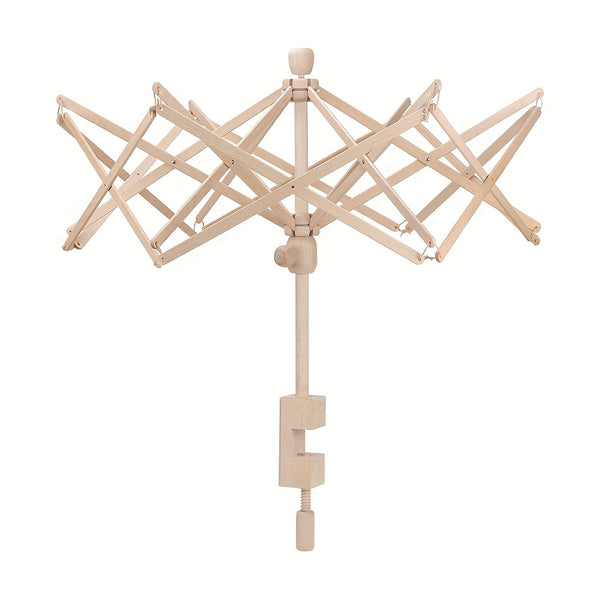 A light natural wood retractable patio umbrella frame with a central pole and adjustable crisscross canopy, isolated on a white background.