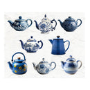 Collection of blue and white ceramic teapots on a light background