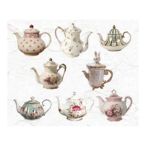 Collection of decorative teapots with floral patterns on a white background