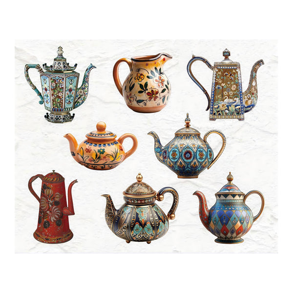 Collection of ornate teapots with floral and geometric designs on a white background