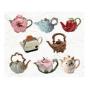 Collection of various ceramic teapots on a white background