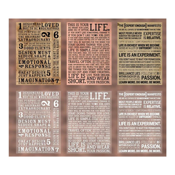 Collection of motivational posters with text on a wooden background