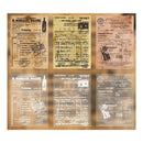 Collection of vintage-style receipts and documents on a wooden background