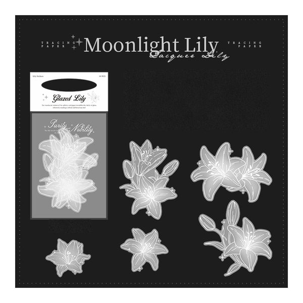 Decorative paper with 'Moonlight Lily' design on a black background