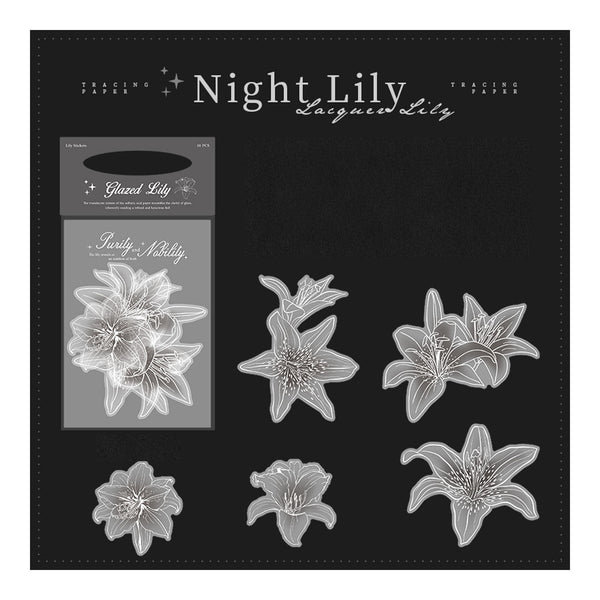 Tracing paper set with night lily designs on a black background