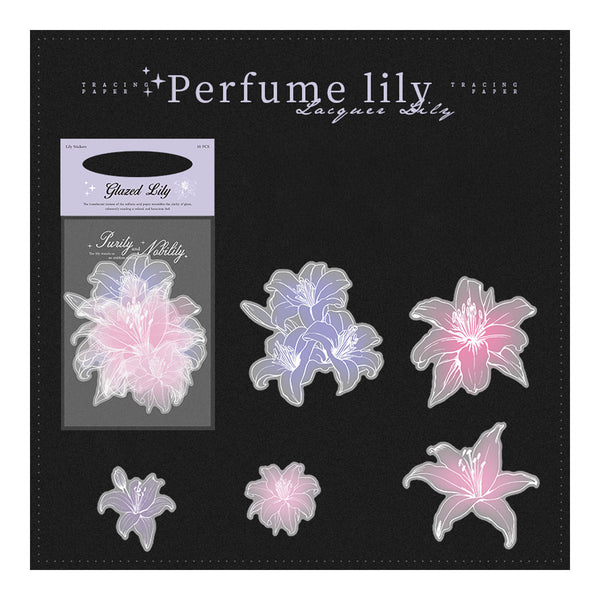 Floral design set on a black background with 'Perfume Lily' branding.
