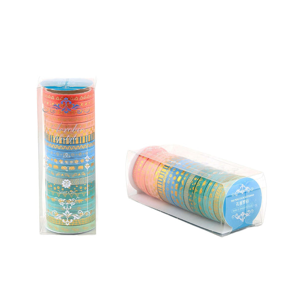 Set of colorful washi tape rolls in a clear plastic case on a white background