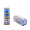 Two cylindrical rolls of decorative tape with blue and gold patterns in clear packaging on a white background.