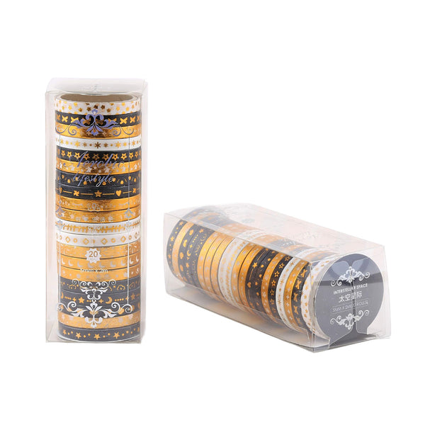 Set of decorative tape rolls in a clear packaging on a white background
