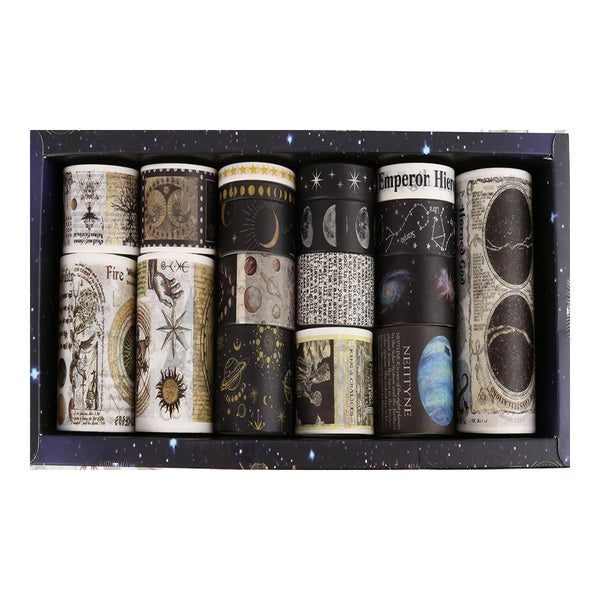 Set of washi tape rolls with celestial designs in a box