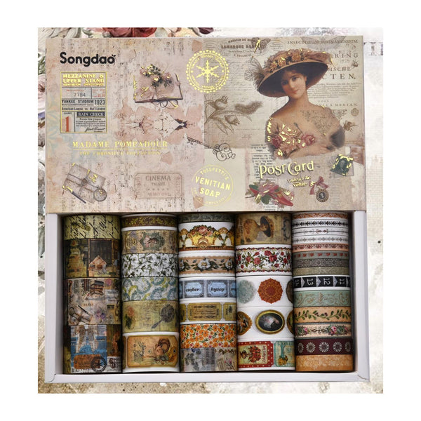 Washi tape set with decorative designs in a box, featuring the brand 'Songda'.