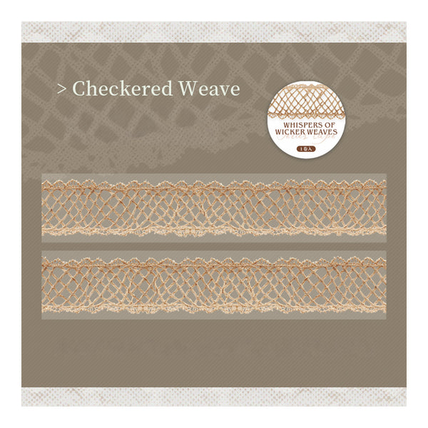 Checkered weave lace with 'Whispers of Wicker Weaves' branding on a brown background