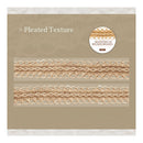 Packaging of pleated texture lace with 'Whispers of Wicker Weaves' branding on a beige background.