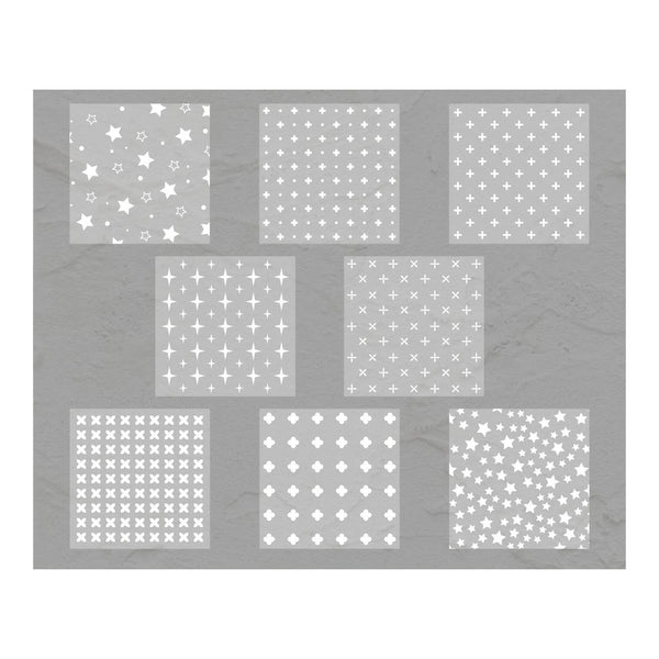 Set of nine square stencils with star patterns on a gray background