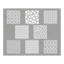 Set of eight square stencils with different circular patterns on a gray background