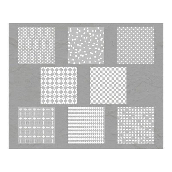 Set of eight square pattern tiles on a gray background