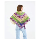 Person wearing a colorful crocheted shawl on a white background