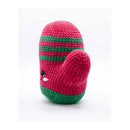 Side view of a Crocheted mitten amigurumi with pink and green stripes on a white background