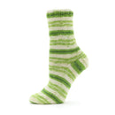 Green and white striped sock on a white background