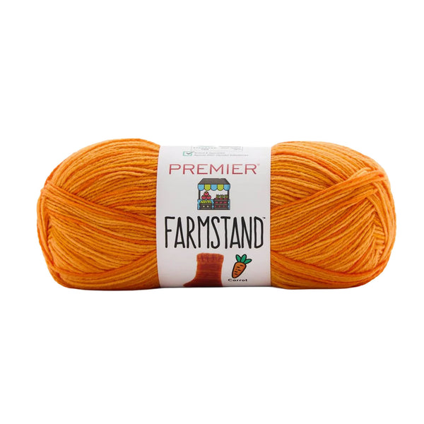 Orange yarn ball with 'Premier Farmstand' label on a white background