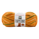 Orange yarn skein with green stripes and 'Premier Farmstand' label on a white background