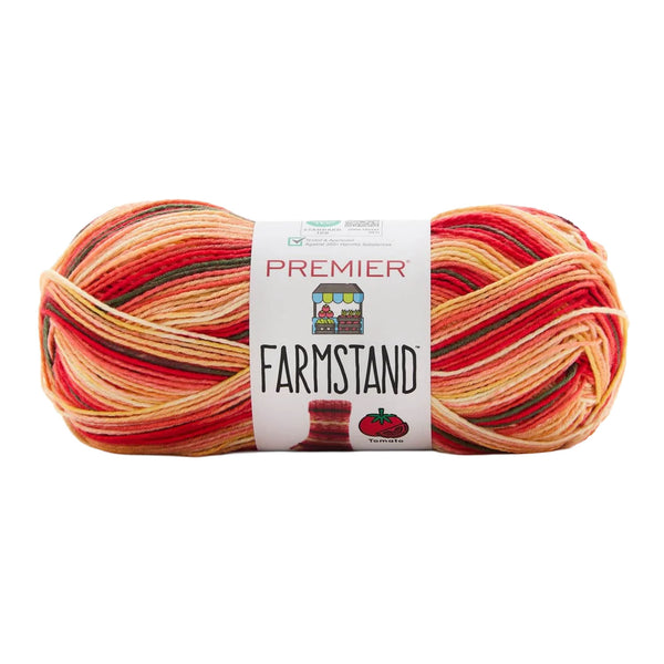 Multicolored yarn skein with 'Premier Farmstand' label on a white background