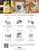 Step-by-step guide on how a luxe transfer works with images of a mug, candle, and perfume bottle.