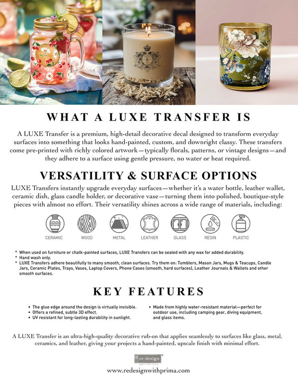 Advertisement for Luxe transfers with images of a candle and mugs, and text about the product's features.