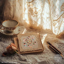 Vintage-style card with heart design on a lace tablecloth with a teacup and pen.