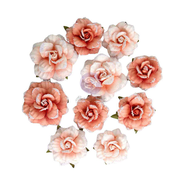 A set of ten artificial peach and pink fabric roses with white glitter accents, arranged on a plain white background.