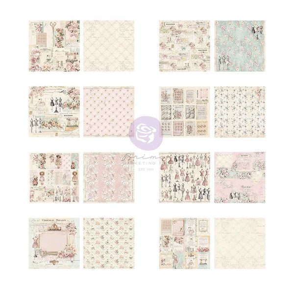 A 4x4 grid of 16 vintage-style patterned paper or fabric swatches in soft pastel tones, including blush pink, cream, pale green, and beige floral, lattice, and illustrated designs. A small lavender watermark/logo appears near the center.