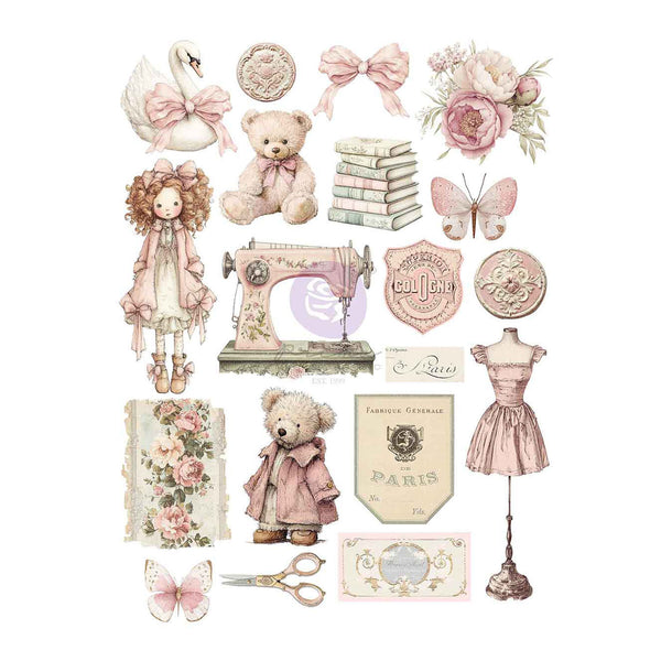 A collection of vintage-style decorative stickers or decals featuring a soft pastel palette, including a swan, teddy bear, flowers, sewing machine, dress form, scissors, and Paris-themed labels on a white background.